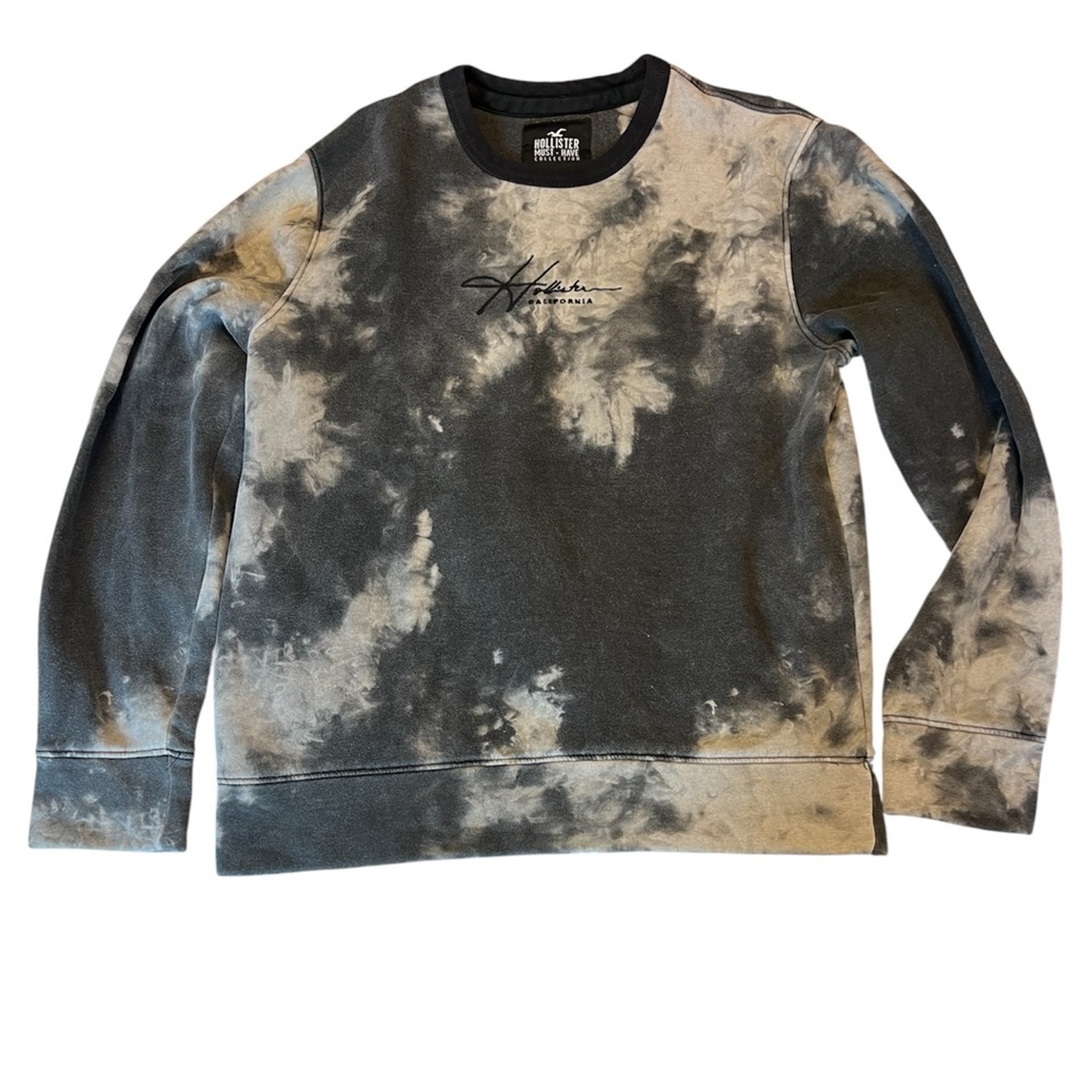 Hollister Men's Black and Gray Tie-Dye Crewneck Sweater